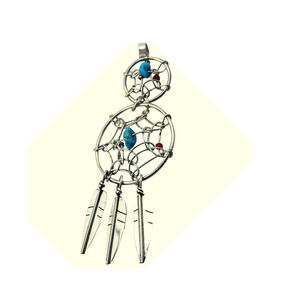 Sterling Silver Turquoise & Coral Pendant Dream Catcher Pendant by Navajo Artist